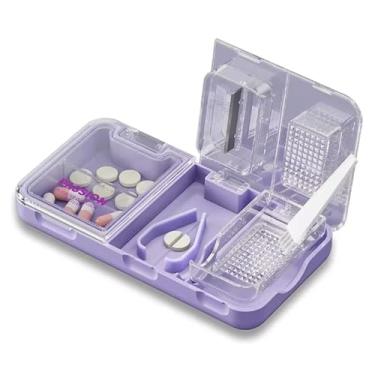 Imagem de Cortador de comprimidos portátil 3 em 1 – Organizador de comprimidos ABS + PP de grau alimentício, caixa de comprimidos roxa compacta para bolsa, bolso e viagens, corta vitaminas e comprimidos sem