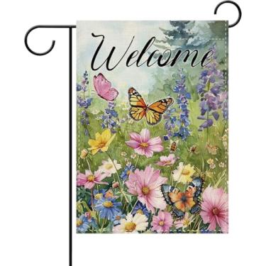 Imagem de Dyrenson Welcome Primavera Verão Floral Decorativa Bandeira de Jardim, Aquarela Flor Borboleta Jardim Exterior Decoração de Casa, Botânica Flor Silvestre Pastoral Serapilheira Exterior Pequena