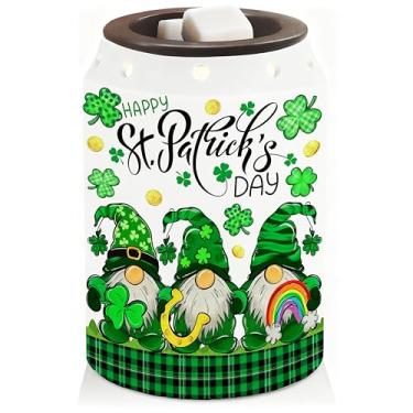 Imagem de JarThenaAMCS Aquecedor de cera de São Patrício para derreter vela perfumada gnomo irlandês trevo queimador elétrico com lâmpada para presentes femininos, decorações de casa