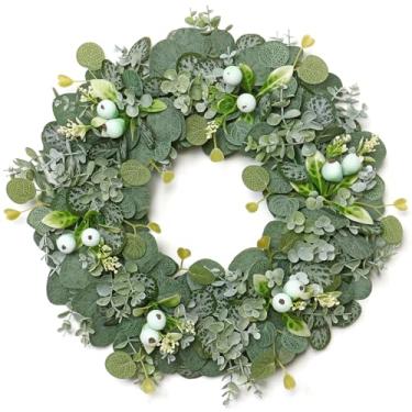 Imagem de KHOYIME Guirlanda de eucalipto artificial de 45,7 cm para porta da frente, guirlanda de vegetação de primavera verão com frutas silvestres para ambientes internos e externos, decoração de casa de