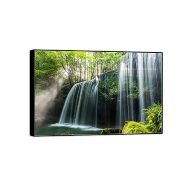 Imagem de Impressão em tela de paisagem com moldura preta - Cachoeira Floresta Lago - Pintura de decoração - Imagens para quarto 40 x 60 cm 16 x 24 pol