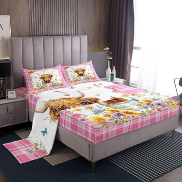 Imagem de Feelyou Jogo de lençol solteiro fofo de vaca highland highland gado, decoração de animais com bolso alto, para meninos e adolescentes, lençol com elástico alto, 3 peças