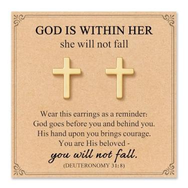 Imagem de Brincos de cruz para mulheres e meninas, presente religioso cristão de Páscoa, joias, presente com cartão de citação significativo e bolsa de presente, Liga de aço, Sem pedra preciosa