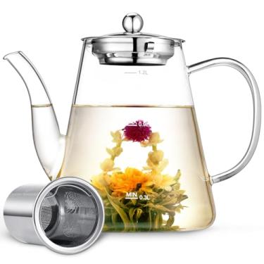 Imagem de Zpose Bule de chá de vidro, bule de chá de 1200 ml com infusor para chá solto e chá florescendo, chaleira segura para fogão, máquina de chá de vidro borossilicato feita à mão com linha de escala