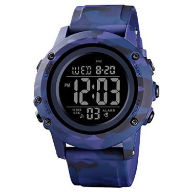 Imagem de Relógio masculino digital esportivo, grande, impermeável, com cronômetro, alarme, luz traseira de LED, camuflagem - azul, Large-53mm, Digital