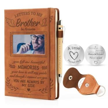 Imagem de Presentes de memorial para perda de irmão – Caderno e caneta de couro A5, cartas para meu irmão no céu, conjunto de presente de simpatia com chaveiro de couro PU de abraço de bolso, diário de fotos de