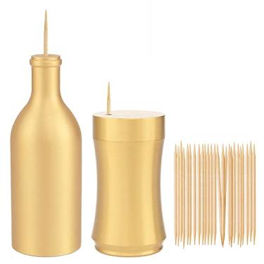 Imagem de UPTALY 2 unidades de dispensadores de palito de dente 100% latão (4,3 x 12 cm forma de garrafa + 4,5 x 8,5 cm formato côncavo A), recipiente de palitos de dente espesso (cor dourada), frasco de palito de dente de bancada, suporte de palito de dente de cobre