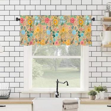 Imagem de WTQPLNMCB Saias florais 137 cm L x 45 cm C - Cortinas de cozinha com flores para decoração de cozinha com bolso de varão, decoração de cozinha