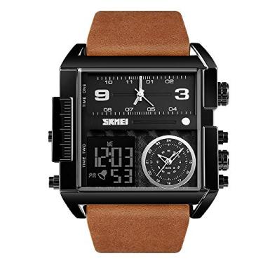 Imagem de SKMEI Relógio esportivo digital masculino, LED quadrado, mostrador grande, analógico, quartzo, cronômetro à prova d'água com vários fusos horários, Preto, castanho, Digital