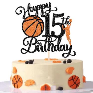 Imagem de Rsstarxi 1 pacote de topo de bolo feliz 15º aniversário preto glitter basquete esportes bolo aplausos para 15 anos decorações de bolo para basquete tema artigos de festa de aniversário