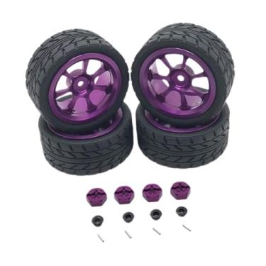 Imagem de menolana Kit de aros de roda RC, pneus de borracha RC, peça de atualização, cubo de roda de metal, adaptador sextavado de 12 mm para 144001 1:18 1/10 A959, Roxo