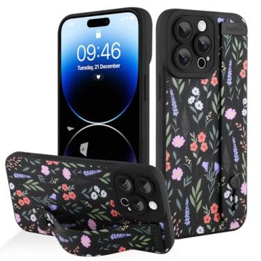 Imagem de AIGOMARA Capa protetora de silicone para iPhone 14 Pro com alça para mulheres e meninas, estampa floral fofa, preta