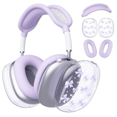 Imagem de BlHMCASE Capa de fone de ouvido para AirPods Max, capa de fone de ouvido transparente com laço fofo, capa de silicone roxa para fones de ouvido para Apple AirPods Max