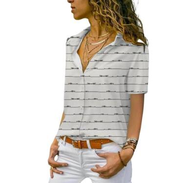 Imagem de Camisa feminina mais comprida de verão, manga curta, com botões, cinza