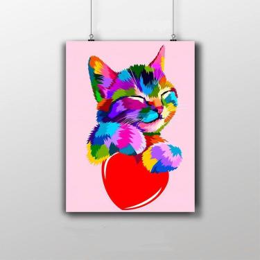 Imagem de Placa Decorativa Gato Colorido - Coração