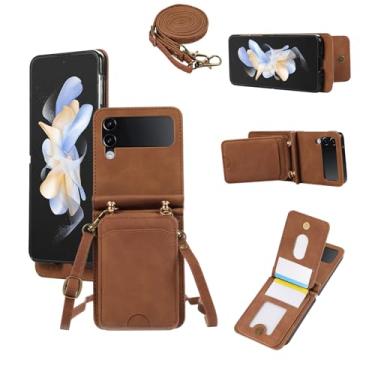Imagem de Asuwish Capa de telefone para Samsung Galaxy Z Flip 3 5G 2021 capa carteira com alça de pulso de vidro temperado suporte de cartão acessórios celulares ZFlip3 Z3 Flip3 ZFlip 3Z mulheres homens marrom