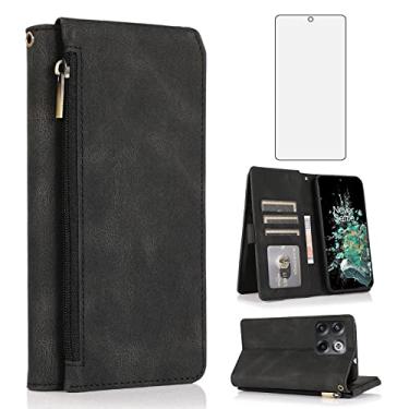 Imagem de Asuwish Compatível com OnePlus 10T 5G/One Plus Ace Pro, carteira protetora de tela e zíper retrô de couro, suporte para cartão, acessórios para celular On 1Plus 1 + Plus10T 1+ AcePro Preto