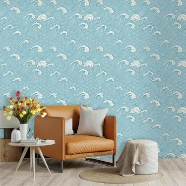 Imagem de ESSMOKO Papel de parede autoadesivo 3D impermeável PVC espesso renovação de parede fundo decoração papel de parede ondas azuis 45 * 300 cm