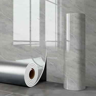 Imagem de ESSMOKO Papel de parede dourado imitação de azulejo mármore efeito de mármore autoadesivo papel de parede impermeável para paredes de cozinha e banheiro tinta clara fumaça 40 * 300 cm