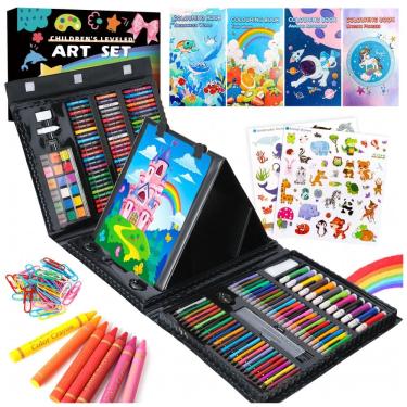 Imagem de Kit de arte 332 peças TDHDIKE infantil com estojo preto, cavalete triplo dupla face, papéis, livros para colorir, pastéis e lápis
