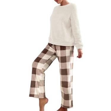 Imagem de MakeMeChic Conjunto de pijama feminino xadrez de 2 peças, blusa felpuda, calça de flanela de búfalo, conjunto lounge, Branco, M