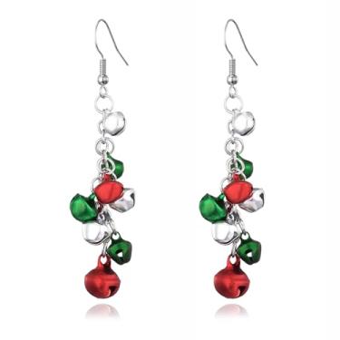 Imagem de Met-edianger Brincos de Natal Vermelho Verde Jingle Bell Brincos de Declaração Sinos de Natal Brincos de Pingente de Gota Brincos de Festival de Férias para Mulheres, Zinco, Strass