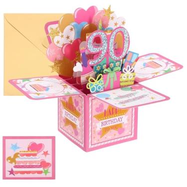 Imagem de PATIKIL Cartão de aniversário de 90 anos, cartão de aniversário pop-up engraçado cartão de feliz aniversário doce 3D com cartão de felicitações e envelope para mulheres, meninas, meninos, mãe,