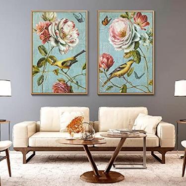 Imagem de Decoração de tela de pintura de pássaro de flor Retro Color Poster Print Art Canvas Picture Aisle Home Wall Art Bedroom Modern Decor-60x90cmx3 Sem moldura
