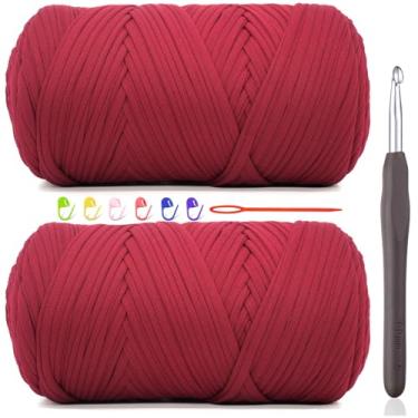 Imagem de 2 fios de camiseta de 400 g para crochê, bordô, tecido elástico grosso, fio de crochê para iniciantes, bolsa de tricô à mão, cesta/porta-copos / artesanato faça você mesmo/decoração de casa