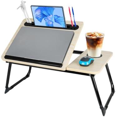 Imagem de Mesa de mesa para laptop, mesa de colo ajustável, mesa pequena para laptop com porta de carregamento USB, compartimento para cartão e caneta, suporte para copos, bandeja de cama dobrável para sofá