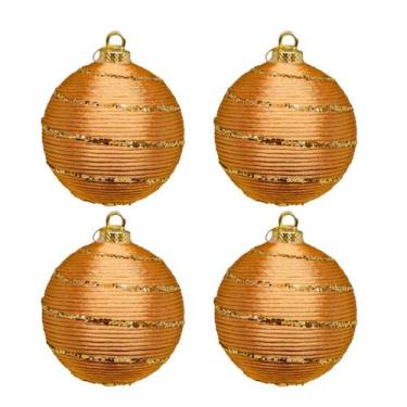 Imagem de Kit 4 Bola Árvore De Natal Seda Com Cordão E Fio Dourado 8Cm - Magizi