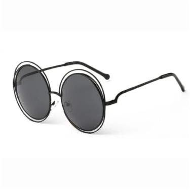 Imagem de Óculos de sol vintage redondos, tamanho grande, com lentes grandes, espelhados, armação de metal, óculos de sol femininos, estilosos, 3, preto, cinza, altura da lente: 6,2 cm