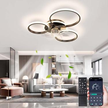 Imagem de Ventiladores de teto de 23'' com lâmpadas, ventiladores de teto com 2 anéis de luz, ventilador de teto moderno silencioso com motor DC reversível de 6 velocidades, regulável, função de memór