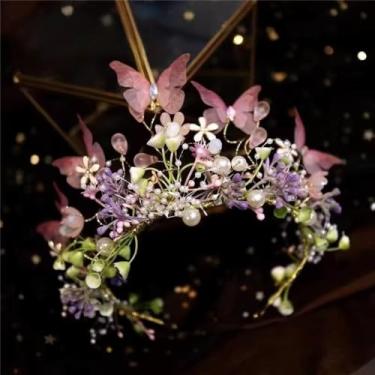 Imagem de Garland Headdress Floresta criativa cabeça de casamento cabeça princesa borboleta floral coroa acessórios de cabelo (rosa)