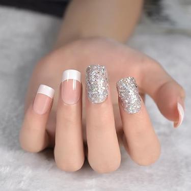 Imagem de Square Press on Medium Nude White French Nails With Sparkly Glitter Design - Conjunto de cobertura completa brilhante para mulheres - 24 peças