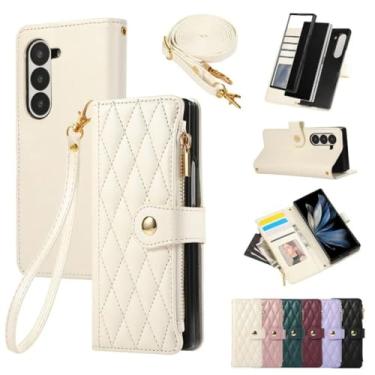 Imagem de Capa de couro com alça de pulso para Samsung Galaxy Z Fold 7 6 5 4 3 5G, capa tipo carteira com porta-cartões, ajustável, transversal, branca, para Galaxy Z Fold6
