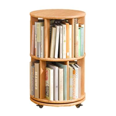 Imagem de Estante giratória de madeira maciça de 360° com rodas de freio, design de canto redondo, rack de armazenamento de 2 camadas para quarto, sala de estar, sala de estudo - organizador de torre de estante