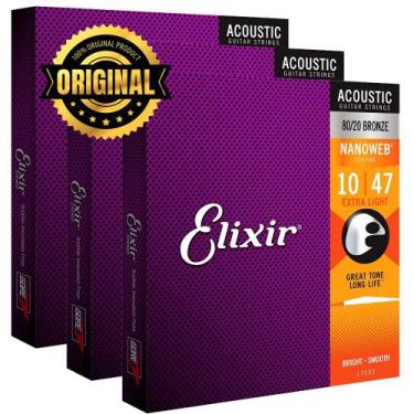 Imagem de Kit 3 Cordas Elixir .010 Extra Light Bronze 80/20 para Violão Aço Nano