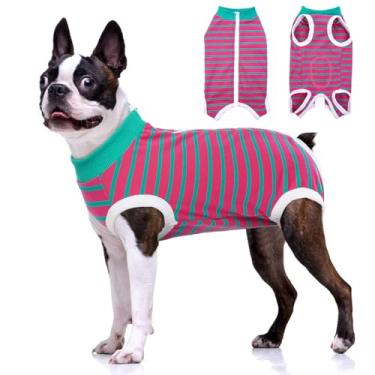 Imagem de BRKURLEG Terno de recuperação de cães após cirurgia, camisas cirúrgicas para cães machos, macacão listrado para cachorrinhos e filhotes de cachorro colete confortável para ferimentos abdominais anti-lamber, fecho de zíper para gatos