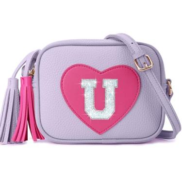 Imagem de OYLOLA Presentes de aniversário para meninas, inicial, bolsa infantil, bolsas infantis, presentes para meninas, bolsas de coração para meninas, Roxa, U