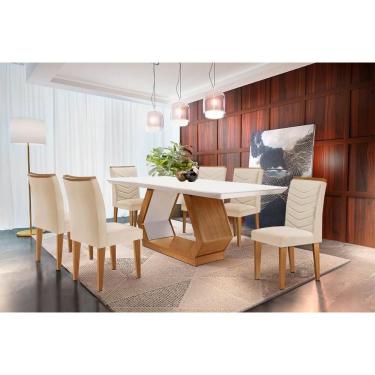 Imagem de Sala De Jantar Completa Alvorada C- Tampo Madeirado Canto Reto 180x90cm E 6 Cadeiras Londrina Imbuia-off White - Suede Creme - Rufato