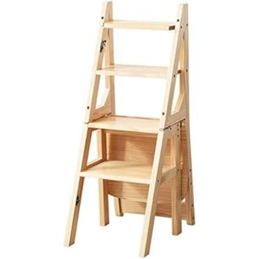 Imagem de Cadeira De Escada De 4 Degraus Undr Banquinho De Madeira, Dobrável Dobrável Estante De Biblioteca Prateleira De Escada Multifuncional Cadeira De Escada Para Cozinha Interna E Es, Walnut Color