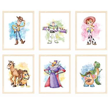 Imagem de Nistio® Impressões em aquarela de Toy Story, decoração de arte de parede Toy Story, pôster de história de brinquedo, xerife amadeirado, Buzz Lightyear, Mr. Potato Head, conjunto de 6, 20 x 25 cm (sem