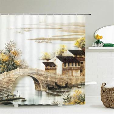 Imagem de Cortinas de chuveiro de paisagem para banheiro poliéster cenário natural floresta impressão cortina de chuveiro com gancho 180 * 200 cm, 49 W, W90 x H180 cm