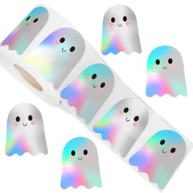 Imagem de 500 peças de adesivos de fantasma holográfico de Halloween rolos de 3 cm decalques à prova d'água de fantasma a laser iridescentes rolo de adesivos autoadesivos para decoração de envelopes de festa de