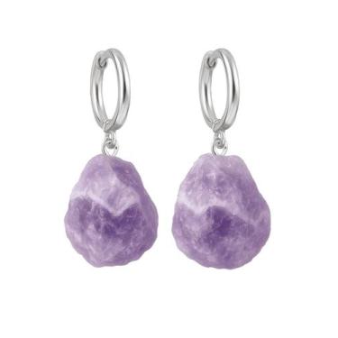 Imagem de Brinco de Argola Ametista Chevron - Cristal Natural, Prata 925