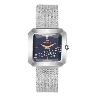 Imagem de Relógio Technos Feminino Prata Quadrado Azul Pulseira Mesh Prateado Pr