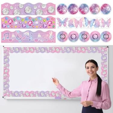 Imagem de Pasimy 144 peças de borda de boletim com tema de música de 43 metros colorido popular cantor decoração de sala de aula rosa roxo acabamento de borda recortada para decoração de quadro negro de volta