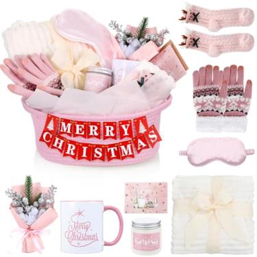 Imagem de Zopeal Cestas de Natal para mulheres Pacote de ideias de presentes de Natal 2025 Caneca de Natal, cobertor e mais presentes de aniversário para mãe, amiga, irmã, esposa, avó (rosa)