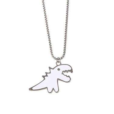 Imagem de Colar de dinossauro punk hip pop masculino correntes de clavícula correntes de metal pingente de dinossauro branco desenho animado dinossauro preto (branco)